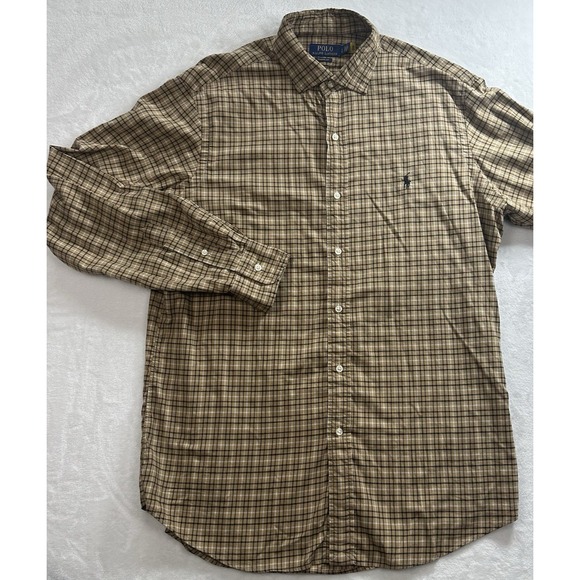 Polo Ralph Lauren Mens Large Button Up Brown Plaid Shirt Cotton Pony Logo - Picture 1 of 9